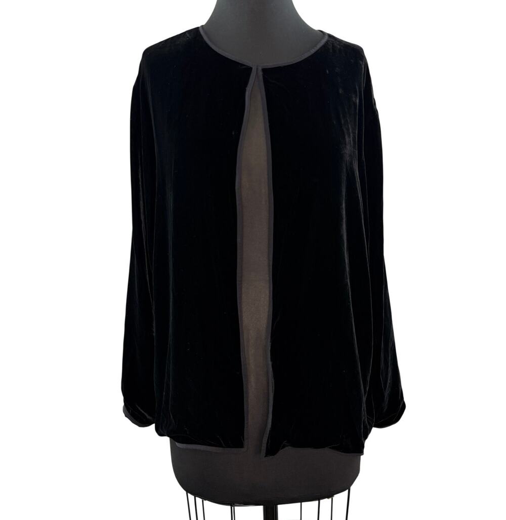Vintage EILEEN FISHER Black Cardigan Velour Velvet Silk Trim Long Sleeve Size 1X
